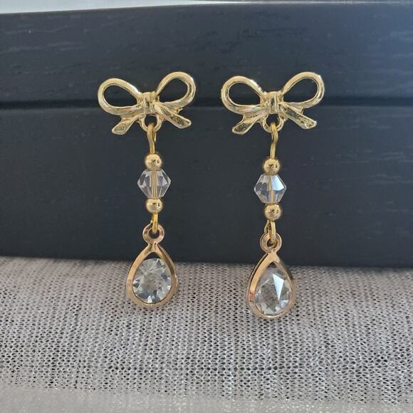 Handmade Jewelry - Golden Bows Crystal Chandelier Style Earrings Light Catching Understated Dainty